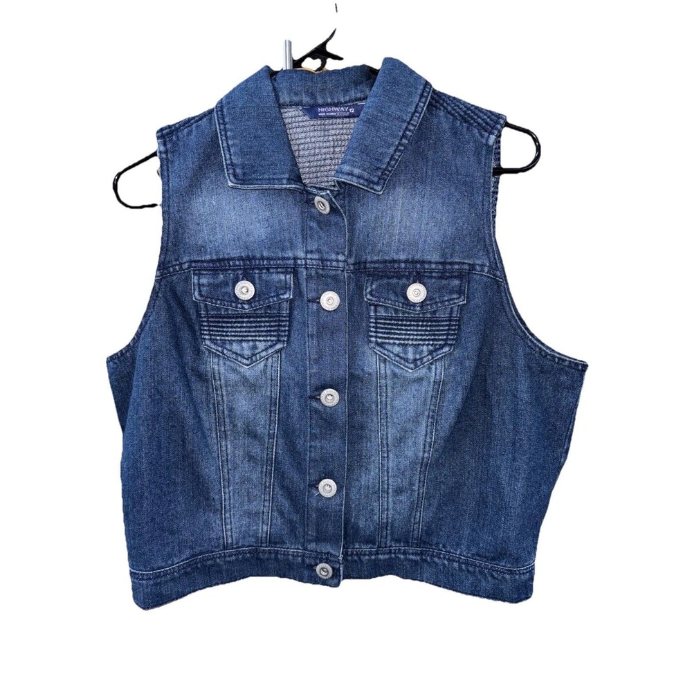 Highway Jeans Denim Vest Women 12 Sleeveless Button Up Distressed Blue Pockets